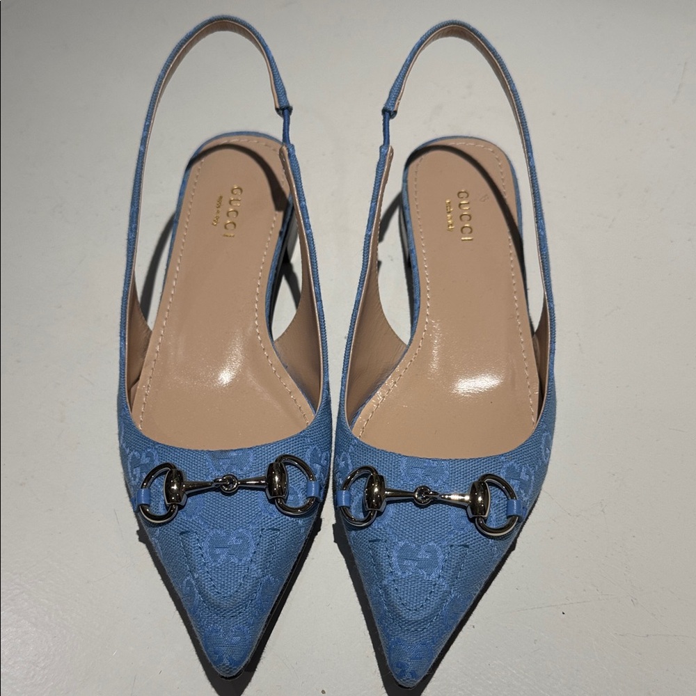 Gucci Blue Patterned Slingback Flats
